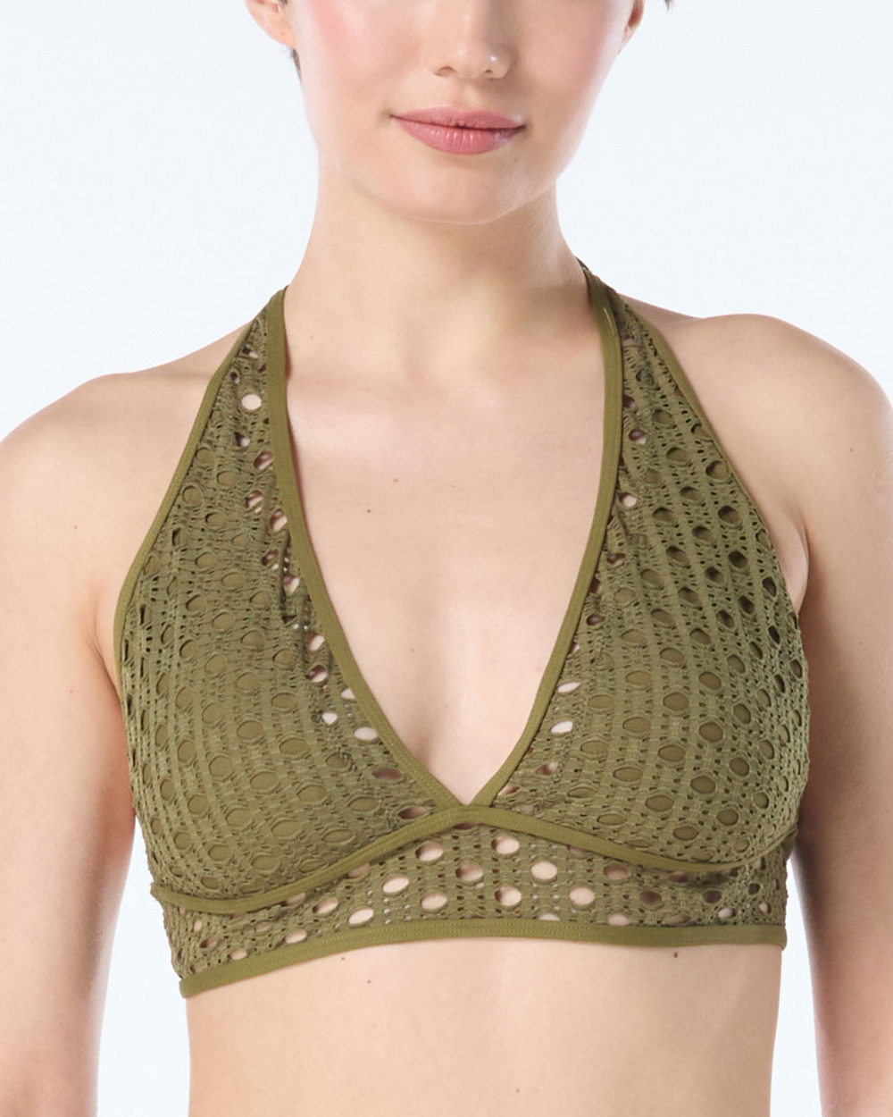 Carmen Marc Valvo Laser Cut Halter Bikini Top Olive Green Size Large NWT
